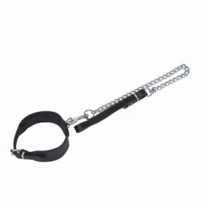 Leder Halsband „Spezial“ mit halbring und Kette L/XL, 100% Nappaleder (Breit 5,0cm, Lang 53cm) schwarz